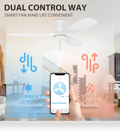 52” Wood Smart Flush Mount Ceiling Fan with Lights and Remote — Ceiling Fan Wall Controls