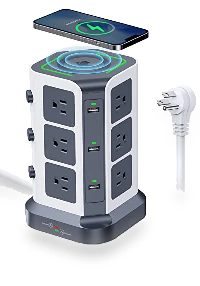 Power Strip Tower with Wireless Charger — Power Solutions & Surge Protection, KOOSLA