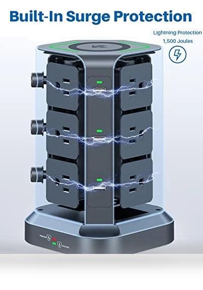 Power Strip Tower with Wireless Charger — Power Solutions & Surge Protection, KOOSLA