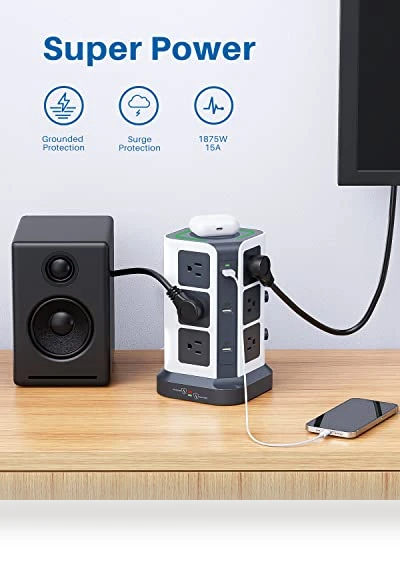 Power Strip Tower with Wireless Charger — Power Solutions & Surge Protection, KOOSLA