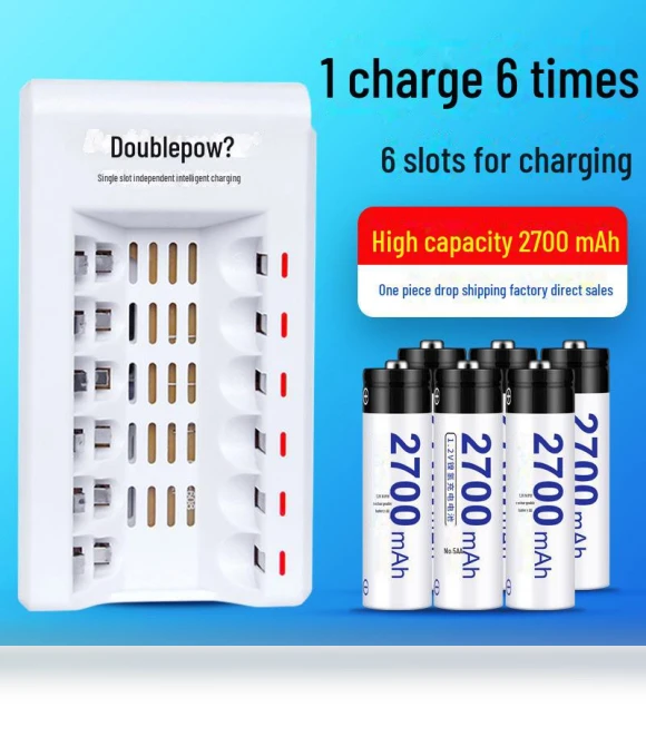 6-Slot Smart Charger with Rechargeable Batteries — Chargers, Doublepow Battery