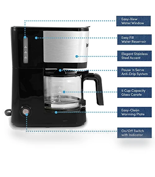 Automatic 5-Cup Brew & Drip Coffee Maker — Brewing Excellence, Elite Gourmet
