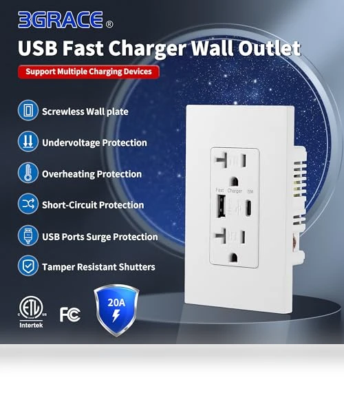 USB Wall Outlet with USB C Ports — Chargers, 3GRACE