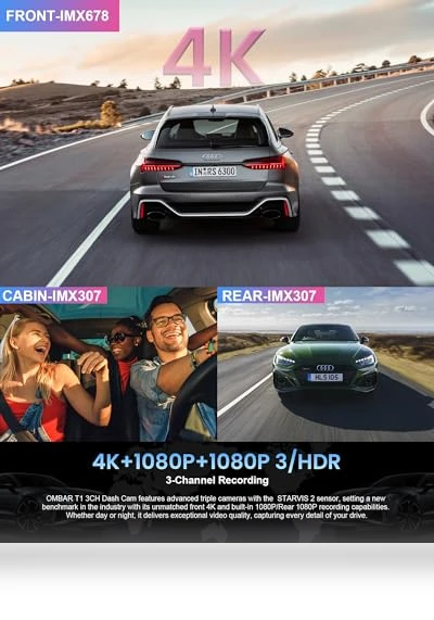 4K 3 Channel Dash Cam — Rearview Cameras for Cars, OMBAR