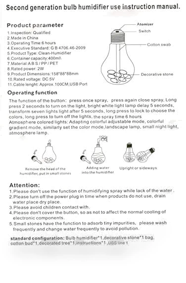 USB Air Humidifier Bulb Lamp — Air Moisturizers, CHUNGHOP