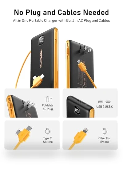 Portable Charger Power Bank with Built-in Cables and Wall Plug — Chargers, VEEKTOMX