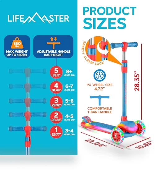 3-Wheel Kids Scooter with Multi-Color Lights — Pedal Cars, Lifemaster