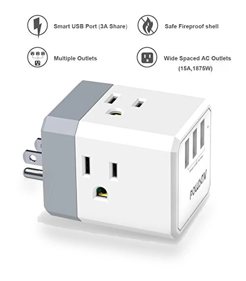 USB Wall Charger and Extender with 3-Way Splitter — Multi-Outlets