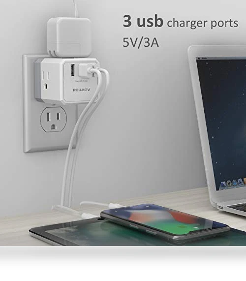 USB Wall Charger and Extender with 3-Way Splitter — Multi-Outlets