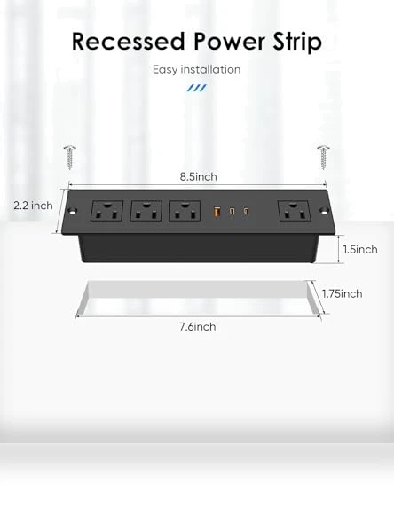Recessed Power Strip with PD 30W USB C Port — Power Solutions & Surge Protection, VILONG