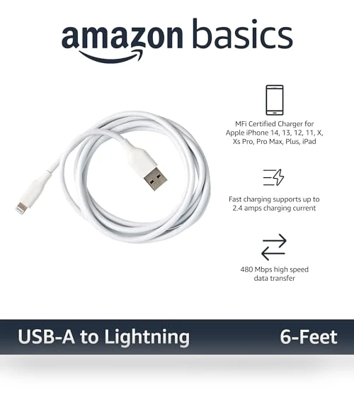 USB-A to Lightning Charger Cable — Lightning, Amazon Basics
