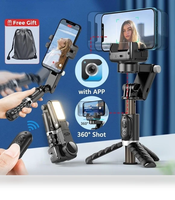 Gimbal Stabilizer Desktop 360° Surround Shot Smartphone Selfie Stick Tripod with Fill Light — Selfie Sticks, Crown Global
