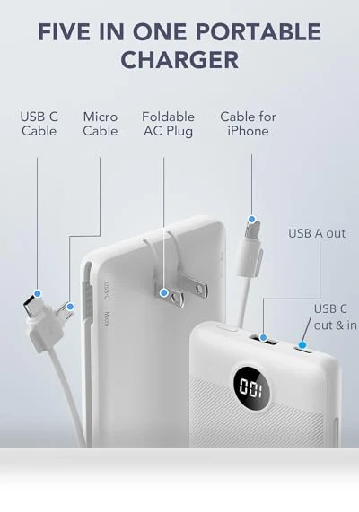 Portable Charger with Built-in Cables and AC Wall Plug — Charging Solutions, VRURC