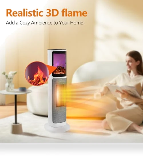 Ceramic Tower Space Heater with 3D Flame — Portable Heating Solutions, HINEIBER