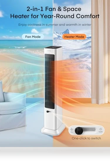 Oscillating Tower Fan and Space Heater Combo — Stand Fans, FOHERE
