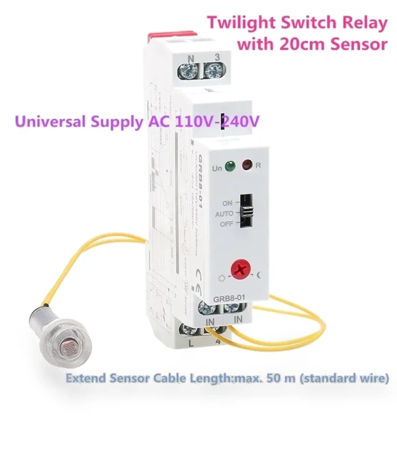 Din Rail Twilight Switch Photoelectric Timer Light Sensor Relay — Overload, GRB8