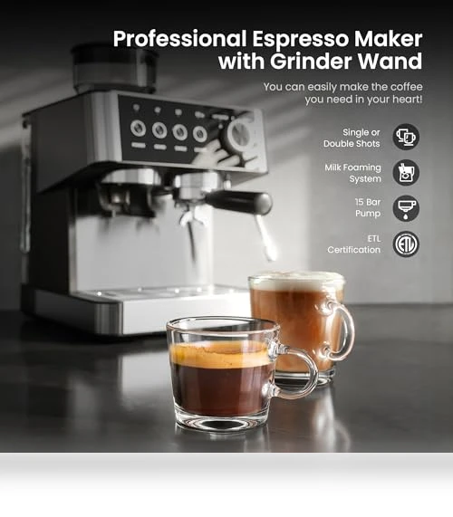 15 Bar Espresso Machine with Grinder — Coffee & Espresso Combos, Kismile