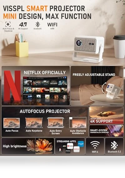 Smart Projector with WiFi and Bluetooth — Home Theater Projectors, VISSPL