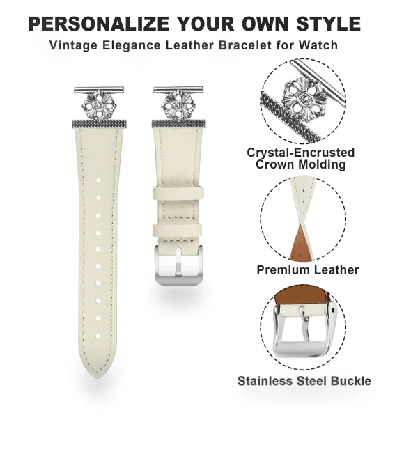 Genuine Cow Leather Flower Decor Adjustable Strap — Bands, Smartwatch 2025
