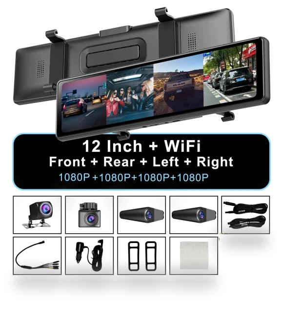 4-Channel 12-Inch Dash Cam with Rearview Mirror — Dashboard Cameras, Simplistic Living Home