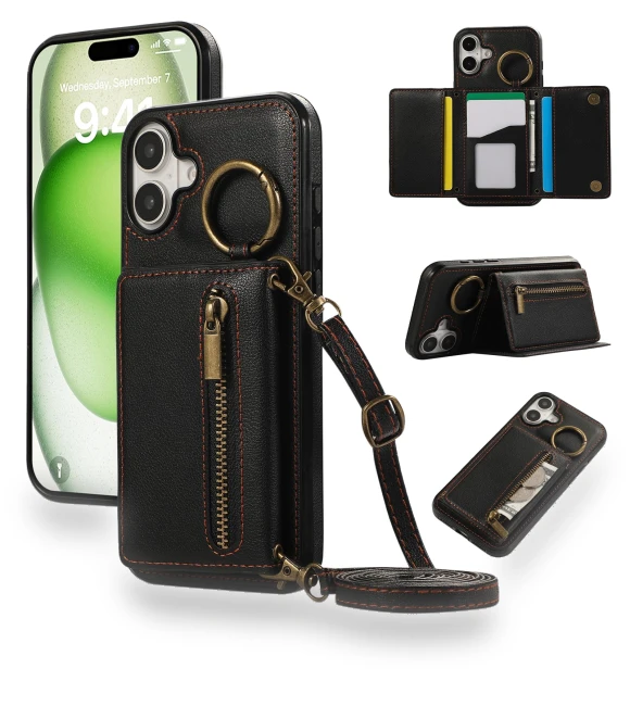 Leather Back Cover Zipper Wallet Kickstand Phone Case with Shoulder Strap — Phone Accessories, Smartwatch 2025