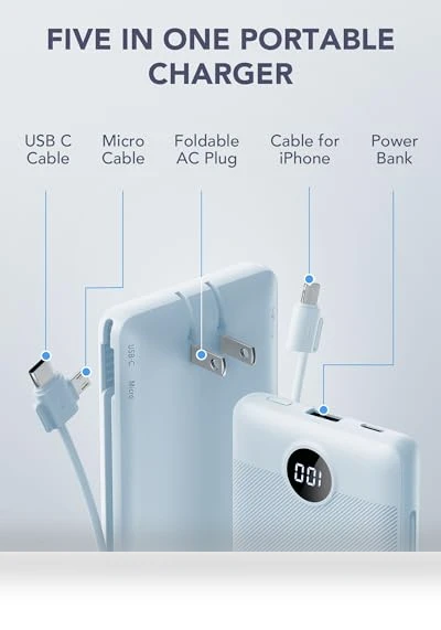Portable Charger Built-in Cables and AC Wall Plug — Battery Charger Cases, VRURC