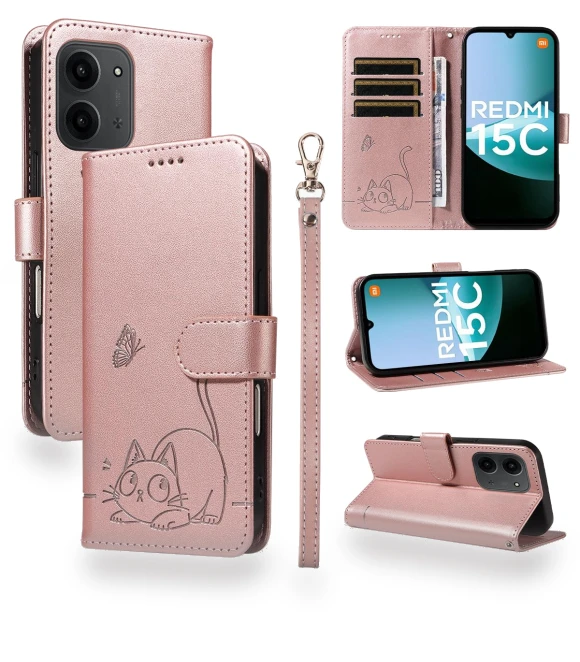Cat Pattern Embossed Leather Phone Case with Wrist Strap — Phone Accessories, Smartwatch 2025