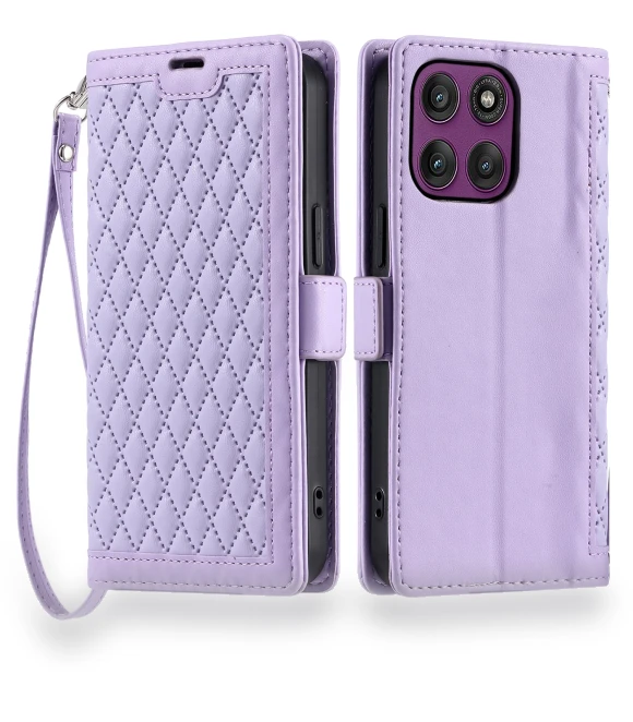 Leather Case Rhombus Texture Wallet Stand Phone Cover with Wrist Strap — Flip Cases, Smartwatch 2025