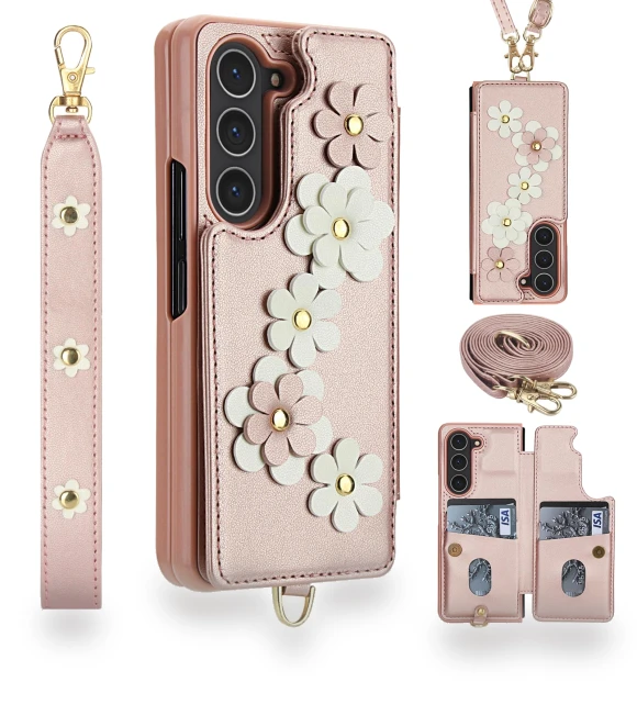 Card Slots Leather Coated TPU Flower Phone Cover with 2 Straps — Phone Accessories, Smartwatch 2025