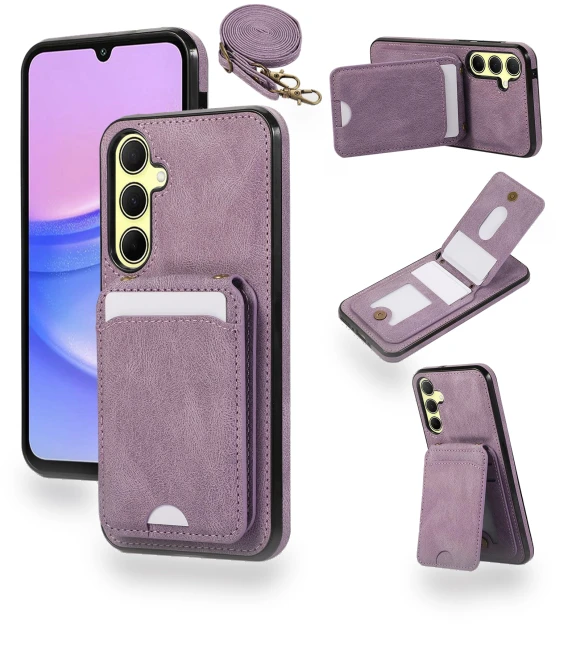 Card Holder Kickstand Leather+TPU Phone Cover with Shoulder Strap — Phone Accessories, Smartwatch 2025