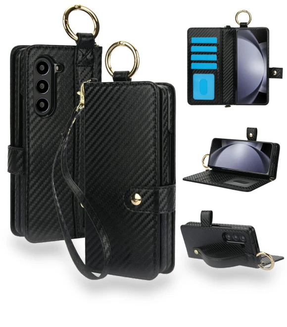 Case Wrist Band Kickstand PU Leather Wallet Phone Cover with Shoulder Strap Carbon Fiber Texture — Phone Accessories, Smartwatch 2025