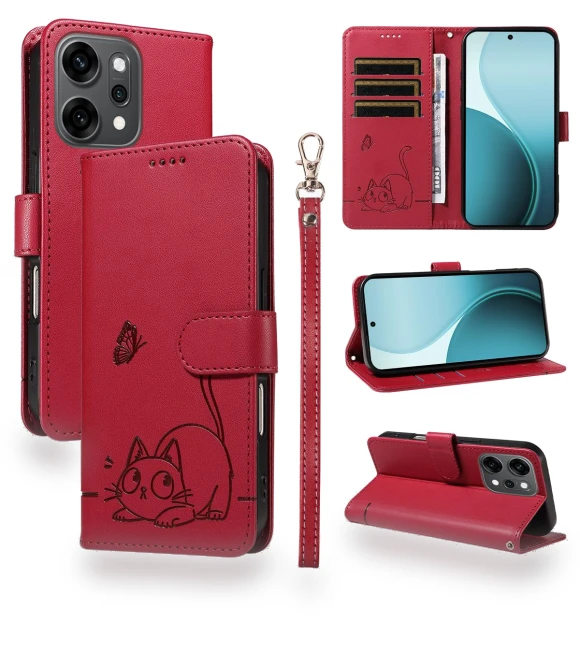 Cat Pattern Embossed Leather Phone Case with Wrist Strap — Phone Charms, Smartwatch 2025