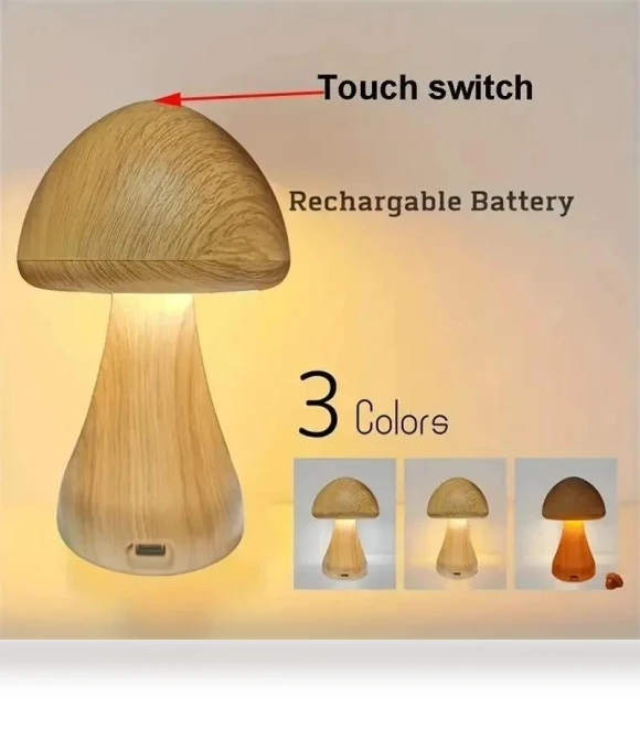 Smart Touch Control LED Wooden Cute Mushroom Night Light — Night Lights, Cozy Cottage-Relax