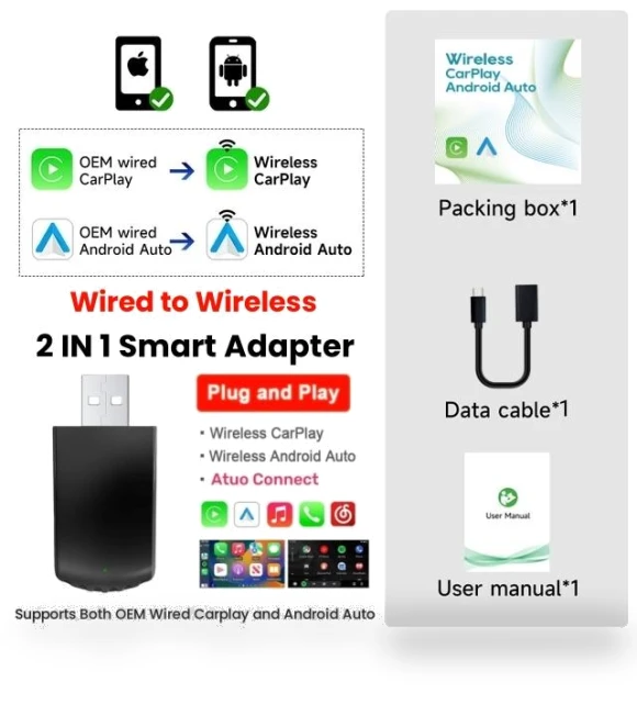 Wireless CarPlay Android Auto Adapter — Stereo Receivers, Happy Home Mall