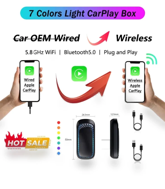 Wired to Wireless Apple CarPlay Box — Stereo Receivers, Auto Launcher