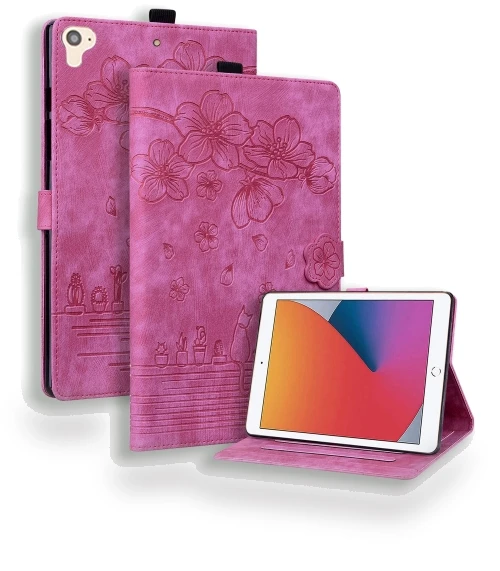 Cartoon Sakura Cat Embossed Smart Leather Tablet Case — Cases