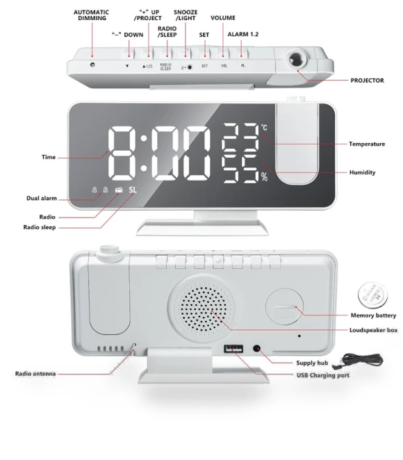 Digital Smart Alarm Clock with LED Projection — Alarms & Clocks, SZ-Damai