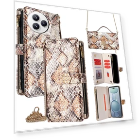Snake Skin Texture PU Leather Phone Wallet Cover with Shoulder Strap — Phone Accessories, Smartwatch 2025