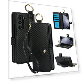 Case Wrist Band Kickstand PU Leather Wallet Phone Cover with Shoulder Strap Carbon Fiber Texture — Phone Accessories, Smartwatch 2025