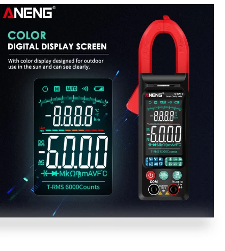 Digital Clamp-On Current Multimeter 6000 Counts True RMS Large Color Display — Electrical Testers, ANENG