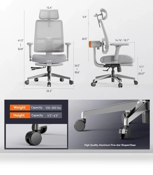 Ergonomic Chair with Footrest, Auto-Following Backrest Headrest, Adaptive Lower Back Support - Gray — Desk Chairs, NEWTRAL