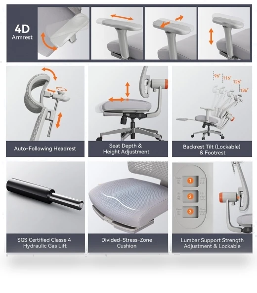 Ergonomic Chair with Footrest, Auto-Following Backrest Headrest, Adaptive Lower Back Support - Gray — Desk Chairs, NEWTRAL