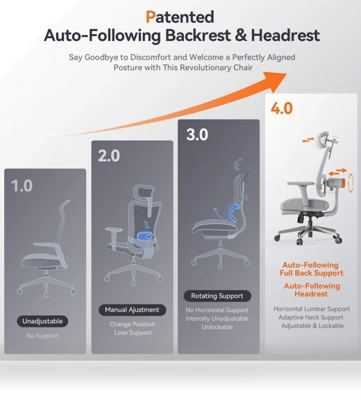 Ergonomic Chair with Footrest, Auto-Following Backrest Headrest, Adaptive Lower Back Support - Gray — Desk Chairs, NEWTRAL