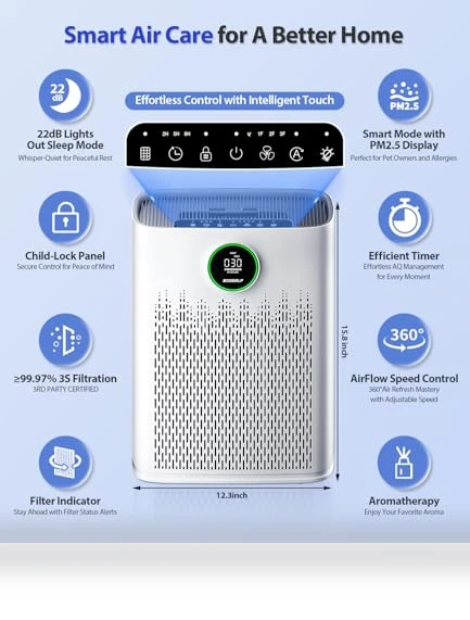 Smart Air Purifier for Large Rooms with PM2.5 Display and Aromatherapy — Electrostatic Air Purifiers, ECOSELF