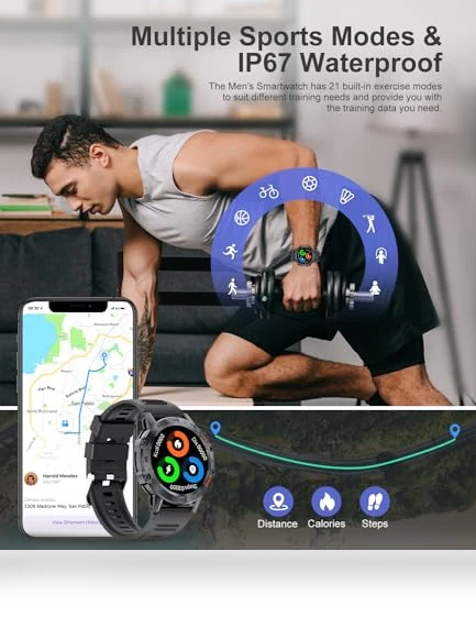 Military Smart Watch for Men with 100 Sports Modes, 5ATM Waterproof, Heart Rate, SpO2, Blood Pressure Monitoring — Smartwatches, SUNKTA