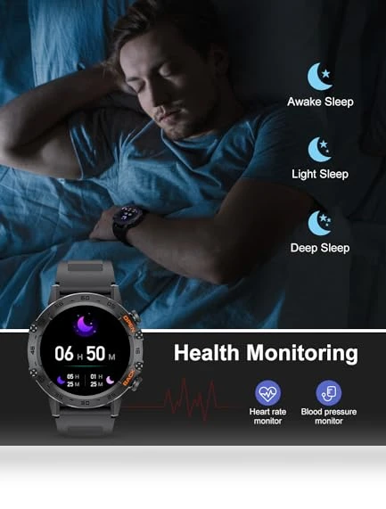 Military Smart Watch for Men with 100 Sports Modes, 5ATM Waterproof, Heart Rate, SpO2, Blood Pressure Monitoring — Smartwatches, SUNKTA