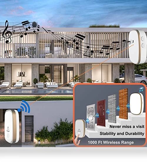 Wireless Doorbell with 1000ft Range, 5 Volume Levels, and LED Flashing — Doorbells, AKK