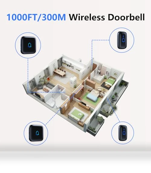 Wireless Doorbell with 56 Chimes, 1000 Feet Range, IP66 Waterproof — Push Buttons