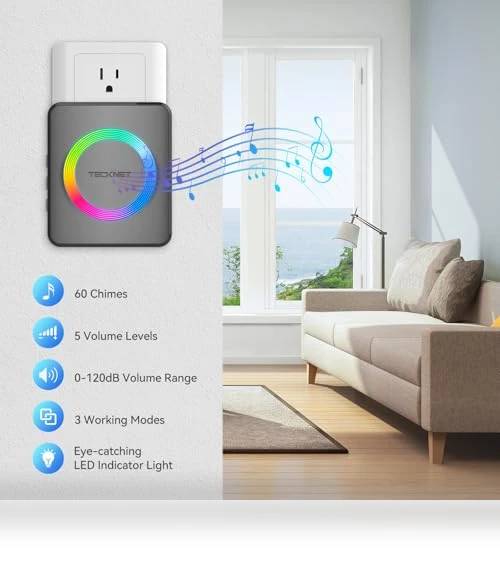 Wireless Doorbell with 1,970Ft Range, 60 Chimes, 5 Volume Levels, RGB Flash — Push Buttons, TECKNET
