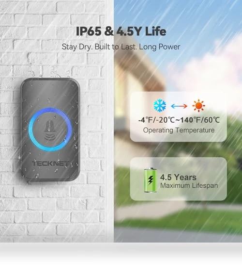 Wireless Doorbell with 1,970Ft Range, 60 Chimes, 5 Volume Levels, RGB Flash — Push Buttons, TECKNET